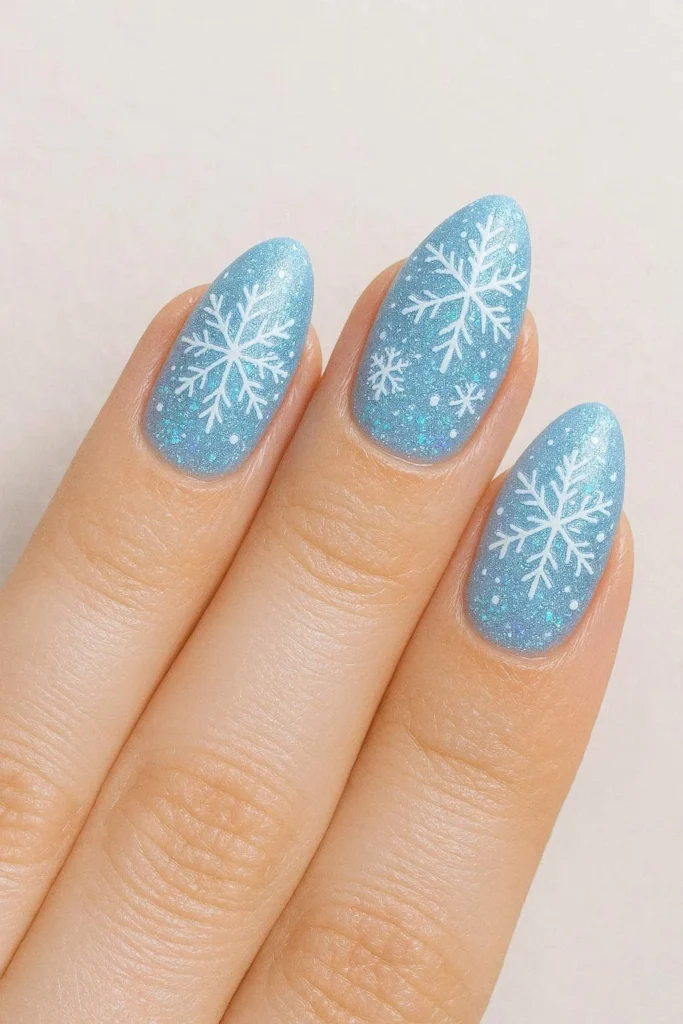 Frozen inspired icy blue shimmer snowflake nail designs
