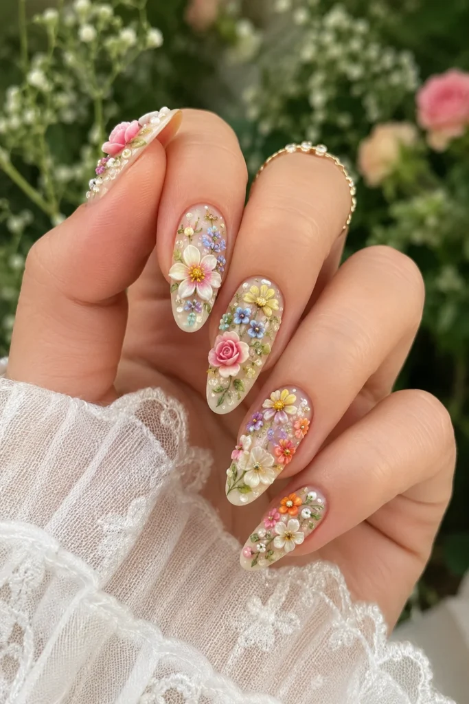 Garden inspired floral 3D nails with mixed raised blooms on nude base