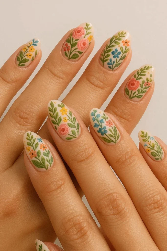 Garden-inspired nails with mixed flowers and greenery designs 