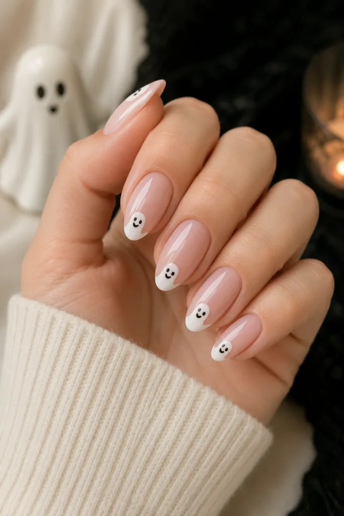 Ghost French tip nails with smiling ghost accents on white tips