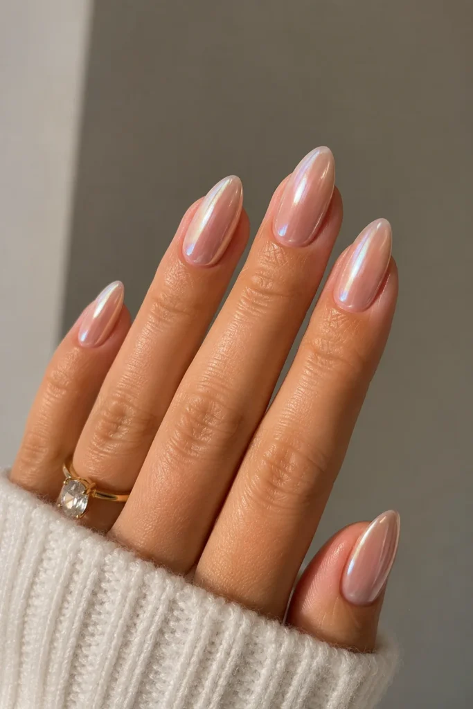 Glazed donut almond nails with soft pearly chrome shimmer finish