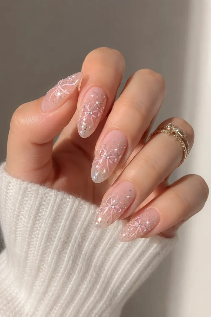 Sparkly glitter bow nail designs on soft pink base