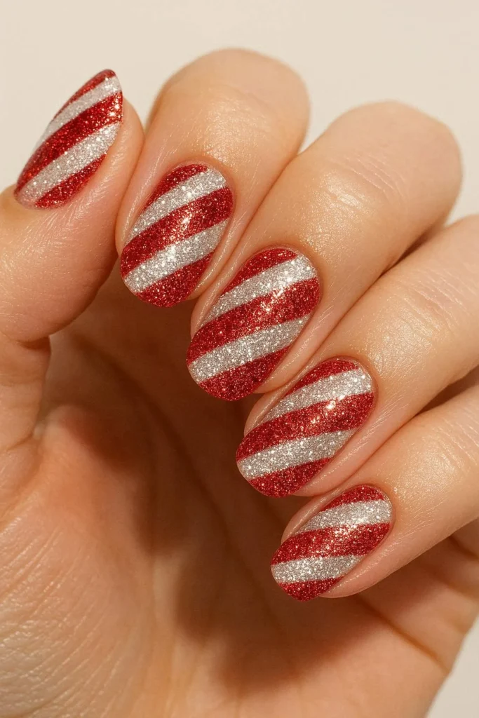 Sparkling glitter candy cane nails in red and white