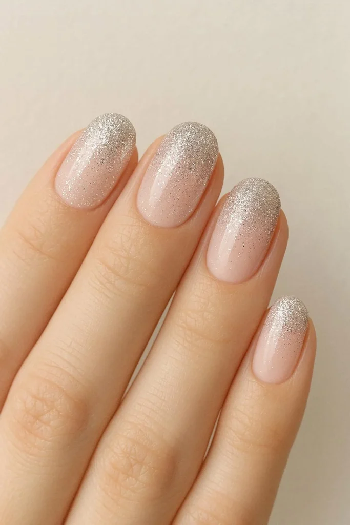 Silver glitter fade into blush pink base winter nails