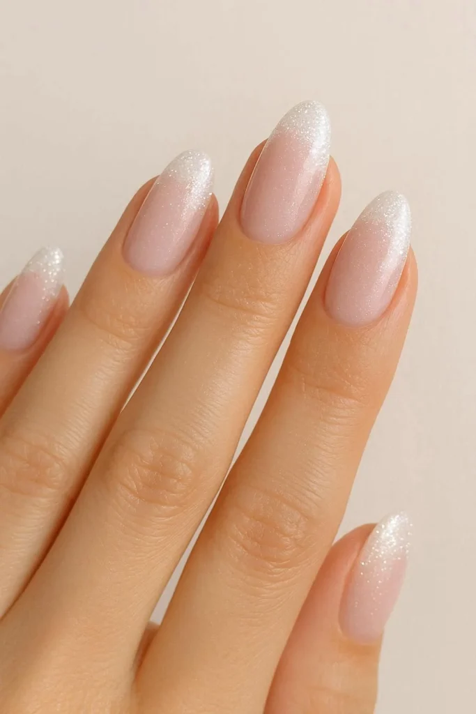 Glitter French tip pink and white bridal nails