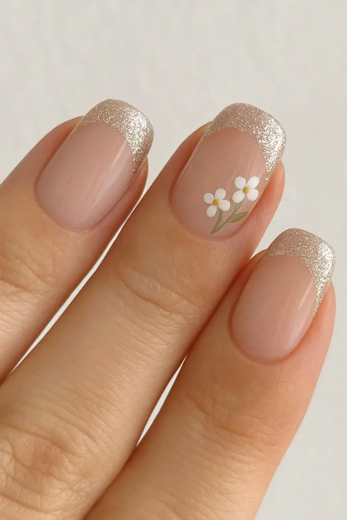 Glitter French tips with tiny painted flower nail accents