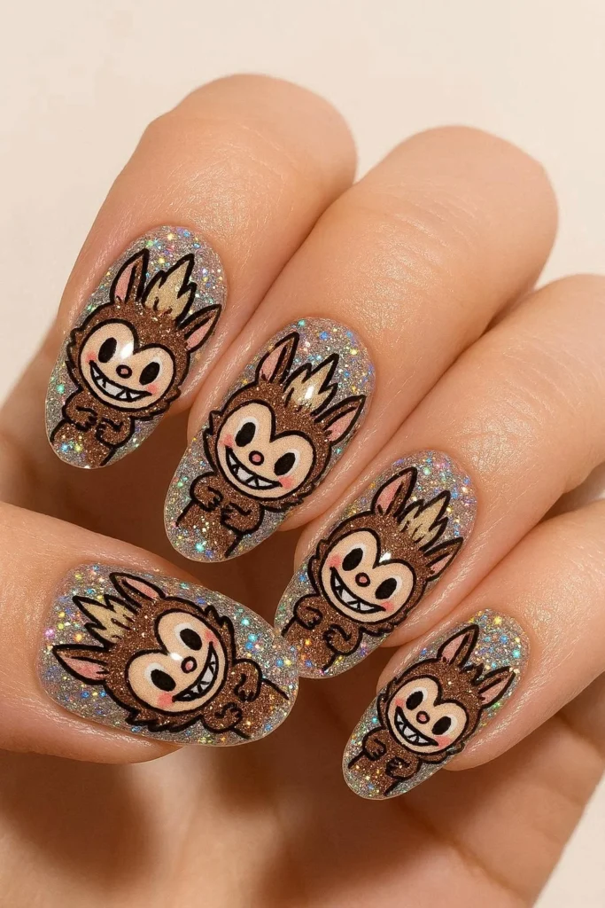 Glitter Labubu nails with sparkling holographic character art