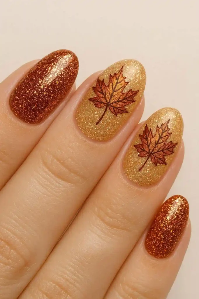 Copper gold glitter maple leaf nail art fall design