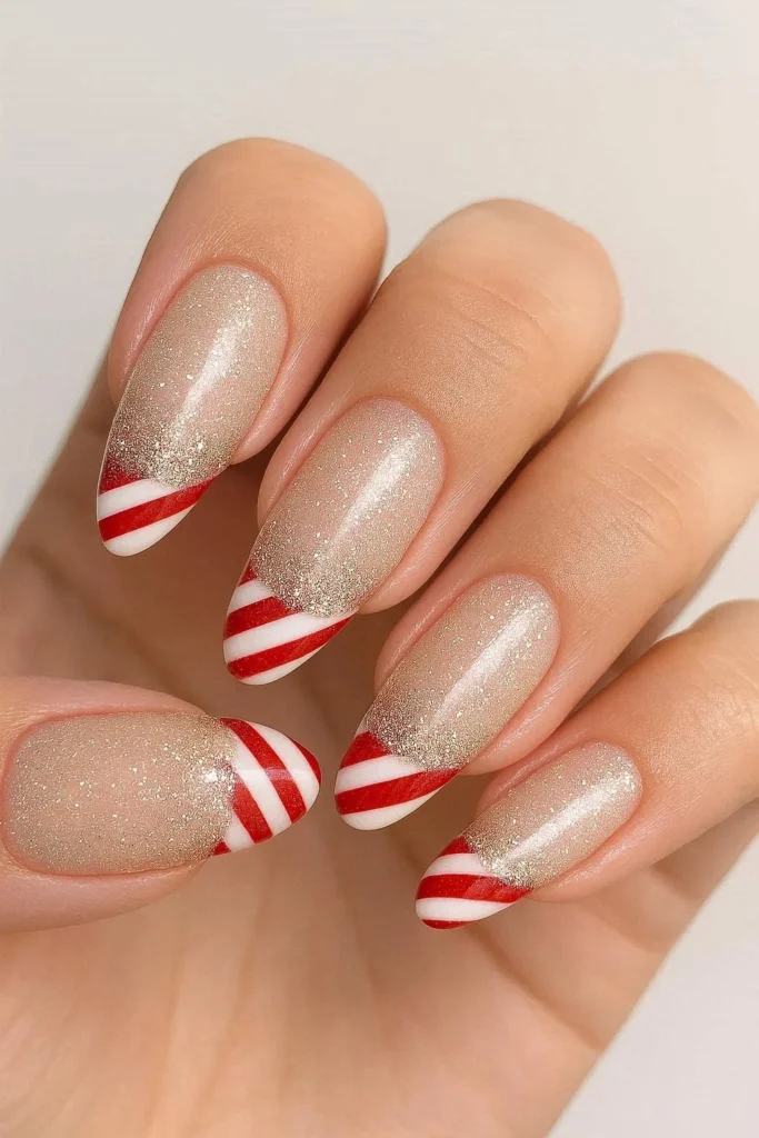 Glitter ombre candy cane French tip nails sparkling holiday fade