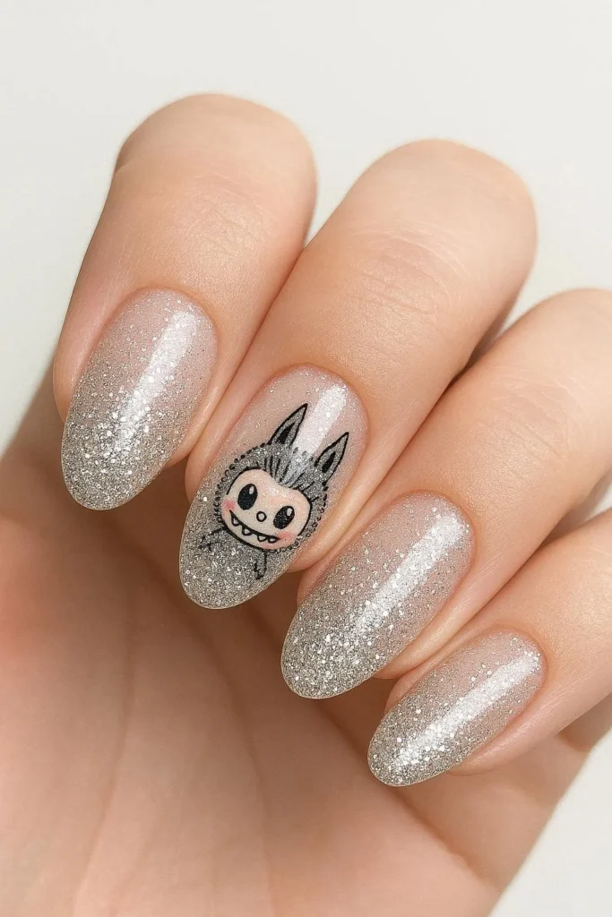 Glitter ombre Labubu nails with sparkly gradient character design 