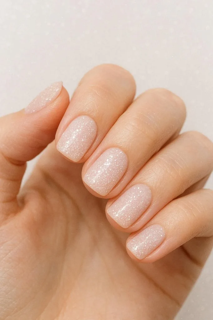 Ultra fine shimmer snow dust effect on blush pink winter nails