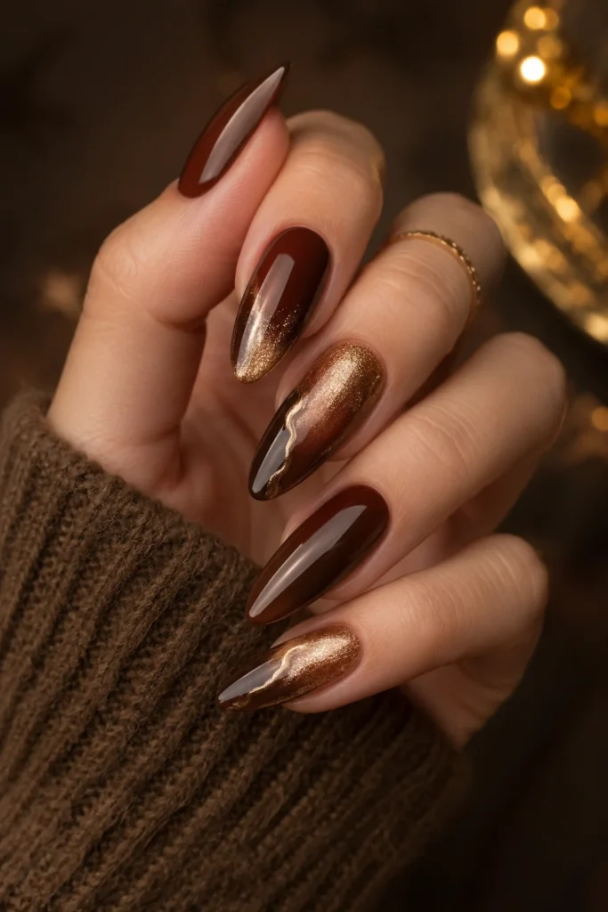 Rich glossy brown nails with radiant gold highlight accents