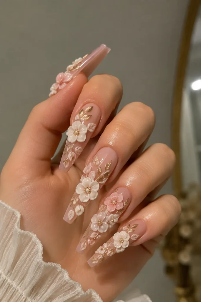 Glossy coffin flower 3D nails with raised floral design on long shape