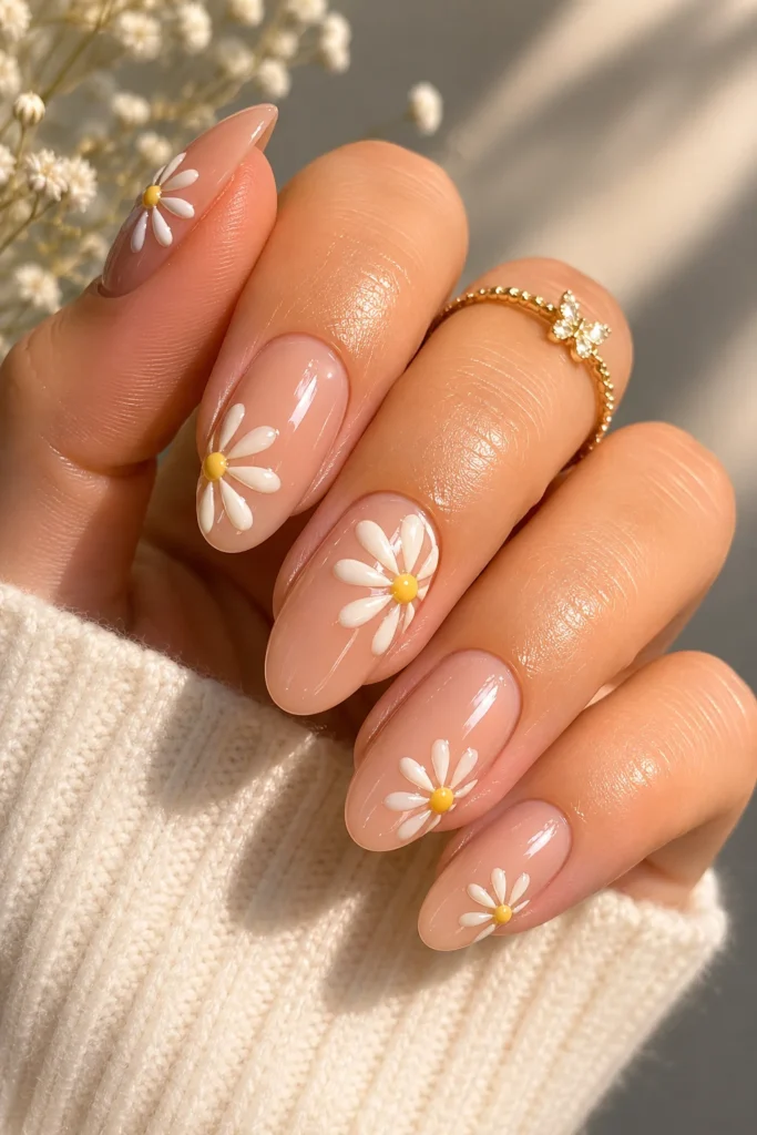 Glossy nude daisy 3D nails with raised petal detail on almond shape