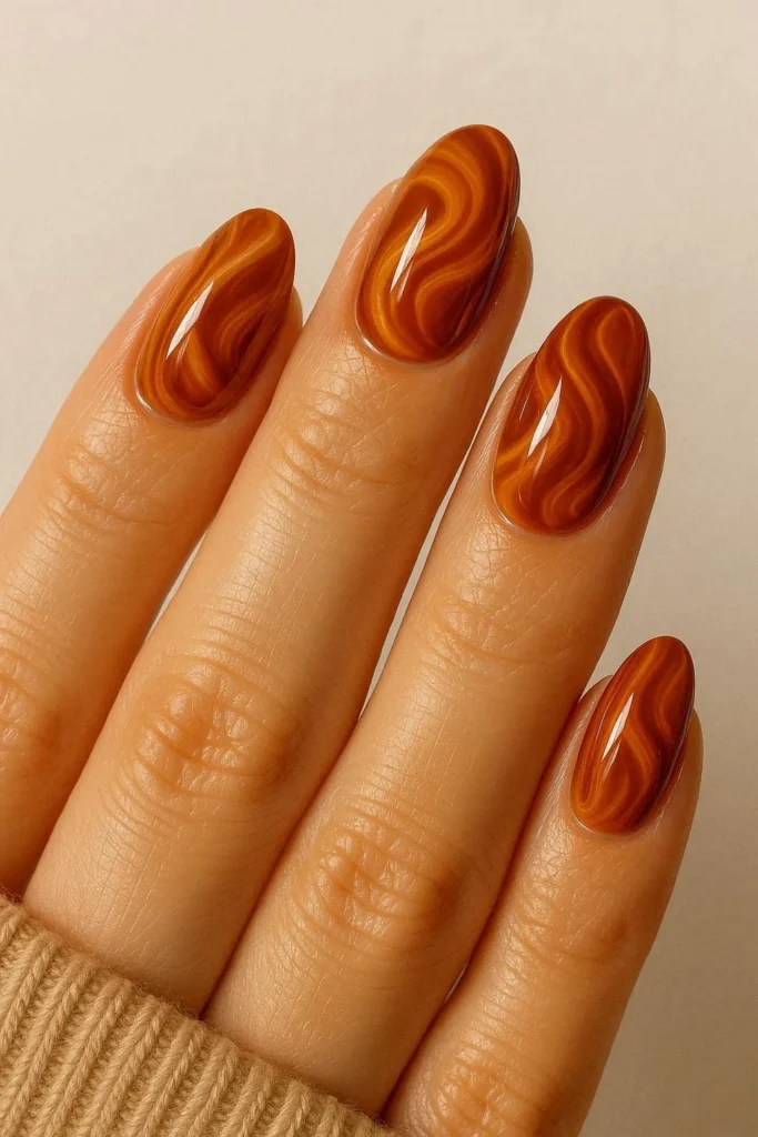 Glossy toffee swirl nails in warm autumn tones
