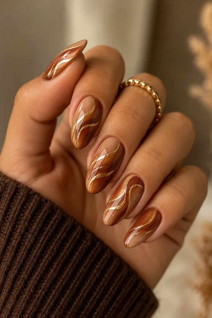 Gold accent cinnamon nails metallic lines brown swirls