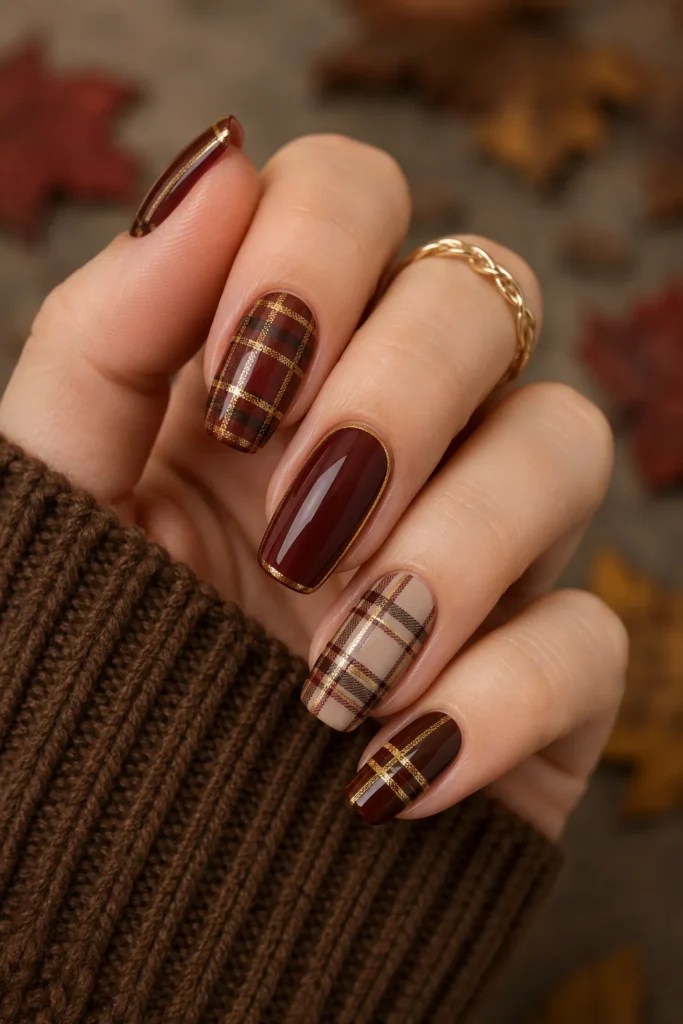 Luxe gold accent plaid nails for chic autumn manicure