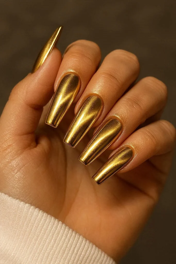  Gold chrome cat eye nails with molten shimmer on coffin shape