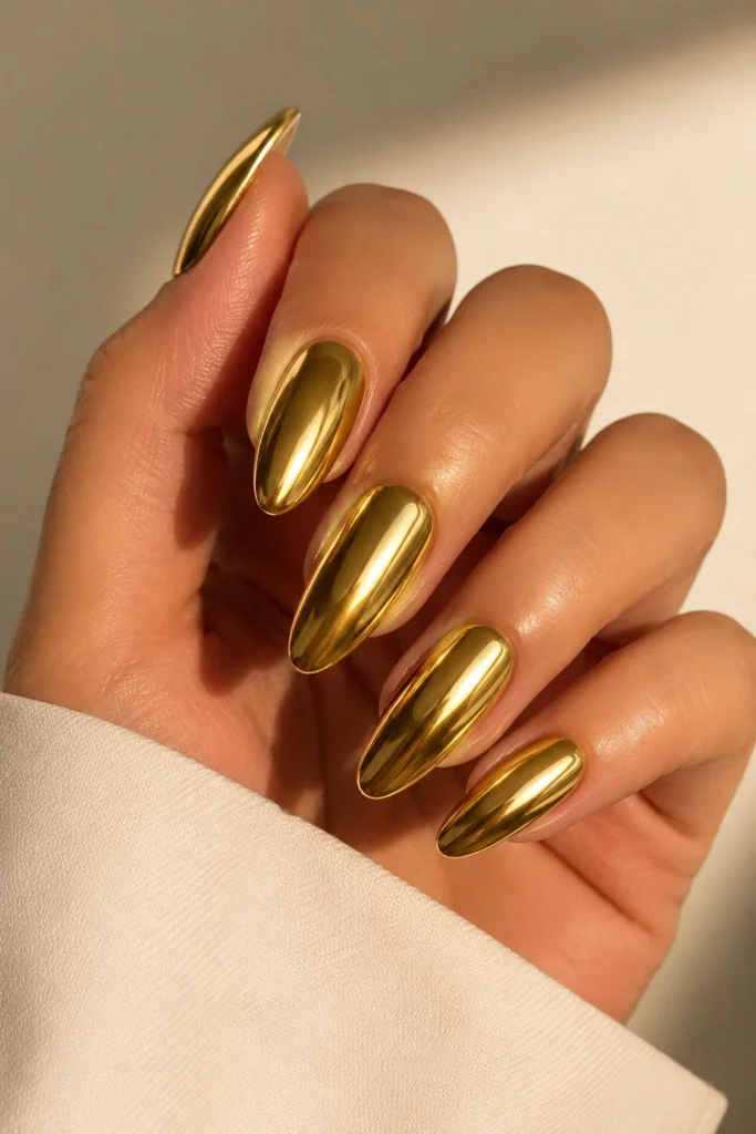 Mirror-finish gold chrome nails with liquid metal effect