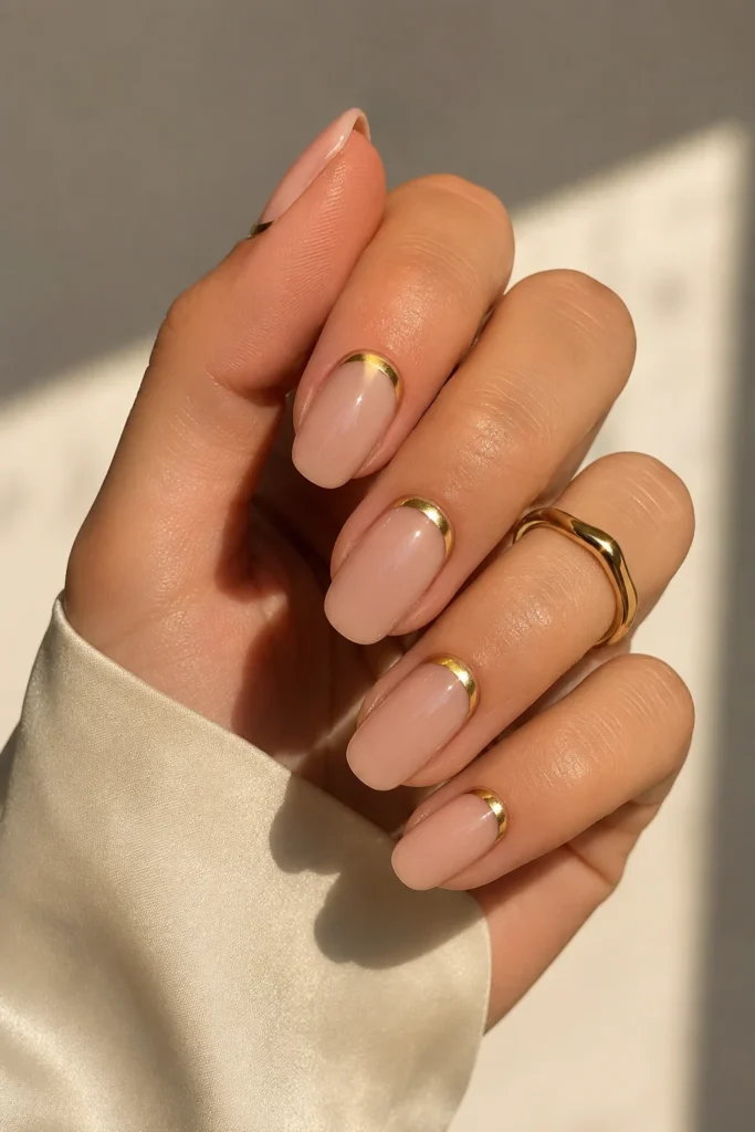 Metallic gold cuticle detail nails with editorial nail art