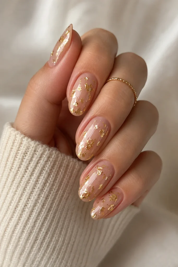 Delicate gold foil accent nails on a nude base