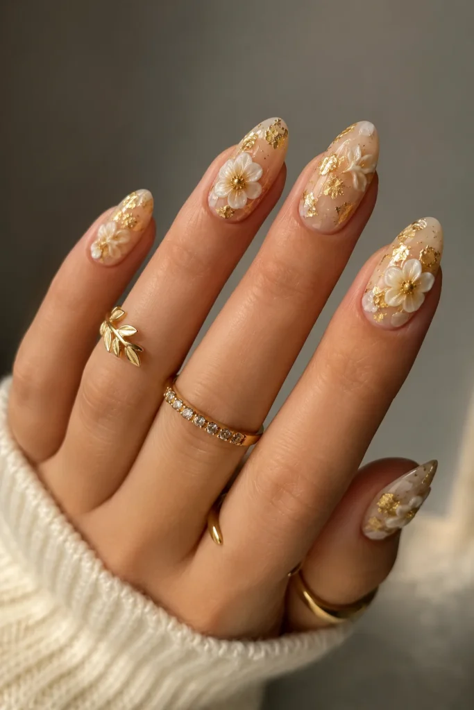 Gold foil floral 3D nails with raised white blooms on metallic base