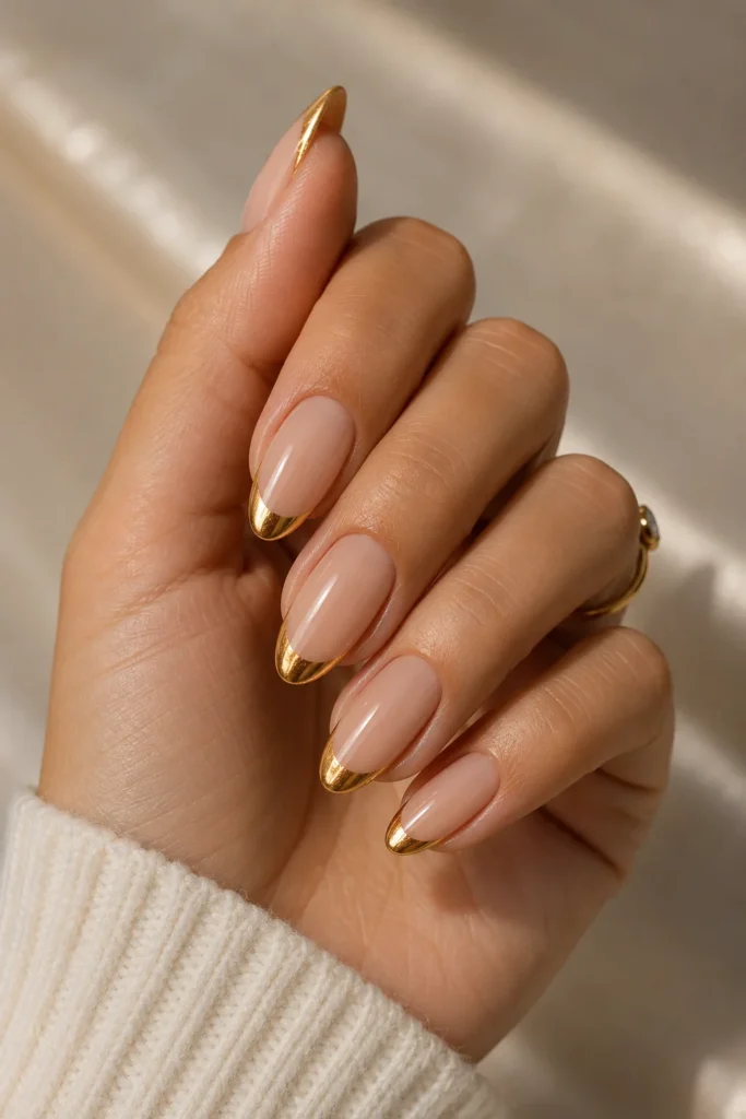 Classic French tip nails with metallic gold edges