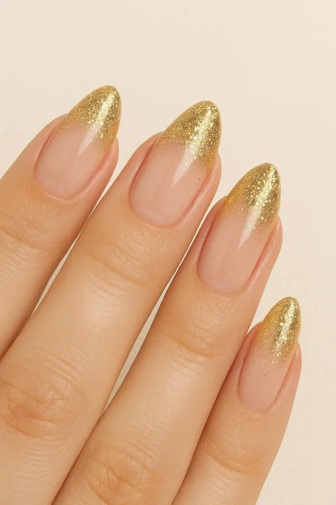 Gold glitter French ombre nails with sparkly tips