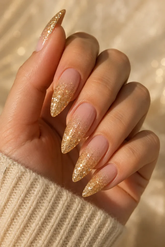 Gold glitter ombre nails fading into a neutral base