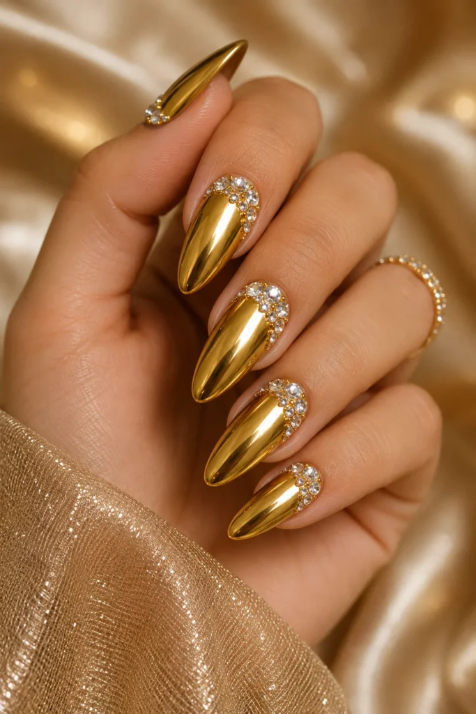 Sparkling gold rhinestone nail art with crystal embellishments