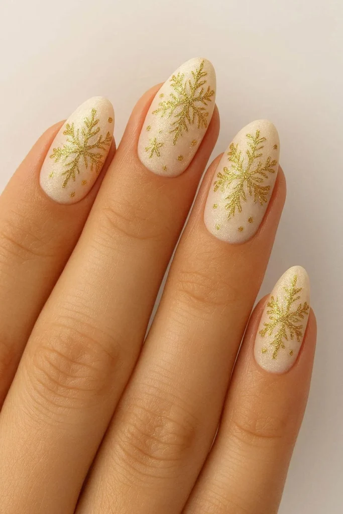 Gold snowflake nail art over nude base holiday nails