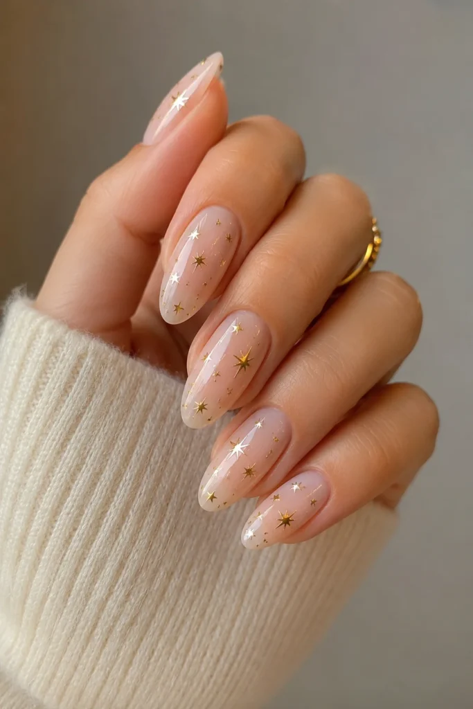Tiny gold star accents scattered over soft neutral nails
