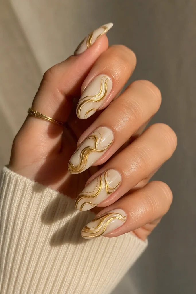 Artistic gold swirl nail design on a cream base