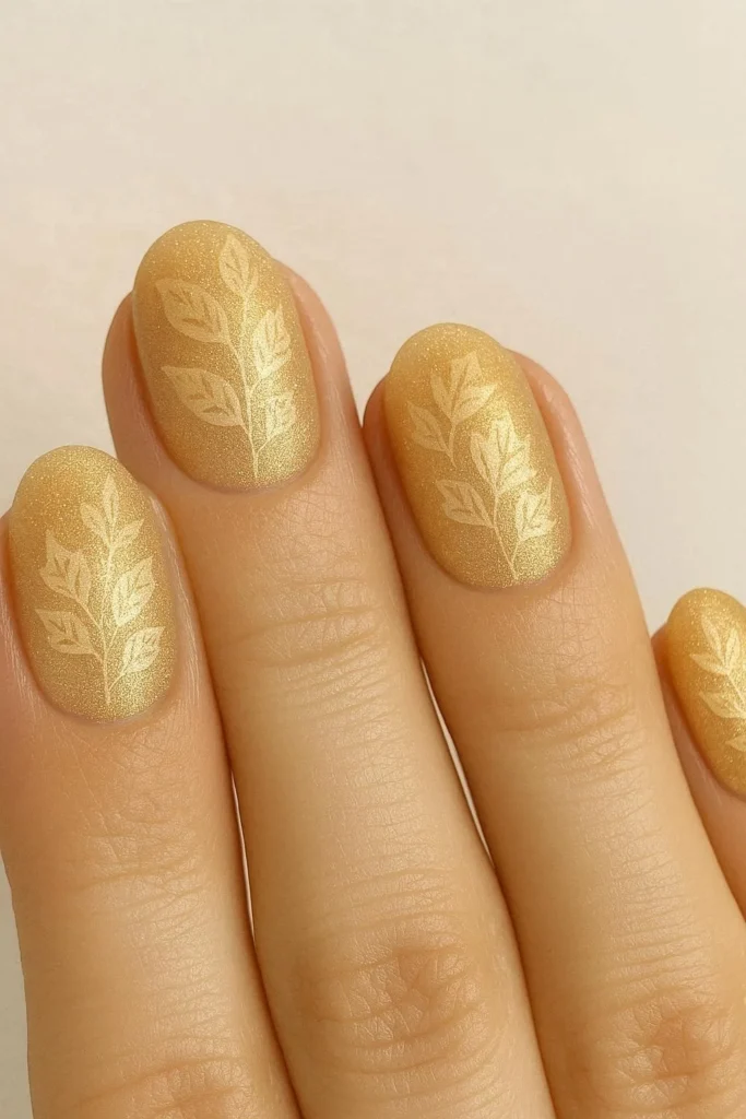 Soft gold shimmer nails with delicate autumn leaf silhouettes