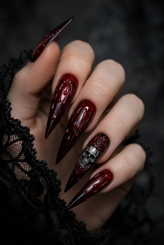 Gothic stiletto nails with horror inspired blood drip design
