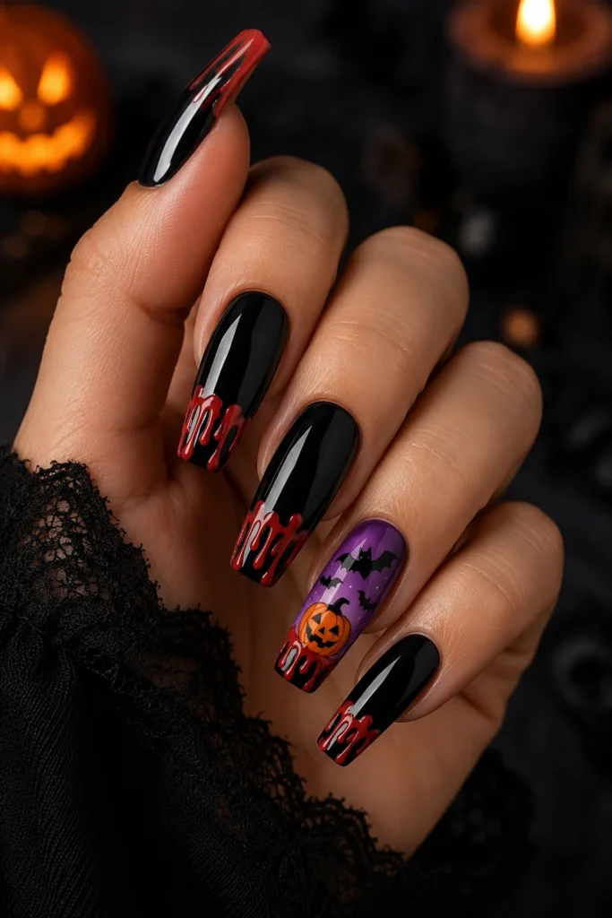 Full Halloween nail set with blood drip and spooky accents 