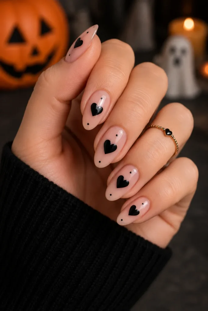 Halloween heart nails with ghost hearts and candy corn colors