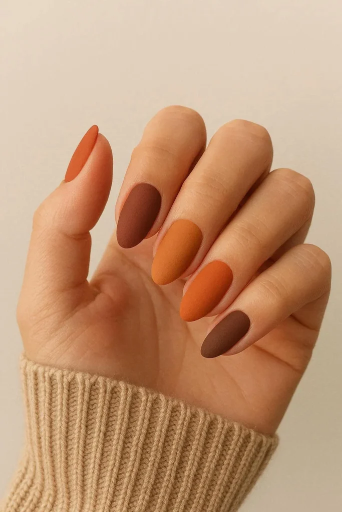 Harvest inspired matte nails in orange rust caramel brown autumn tones 