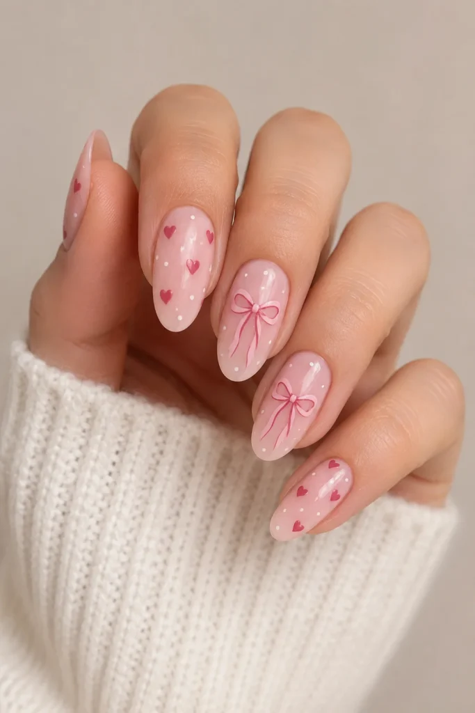 Cute heart and bow nail art on soft feminine base