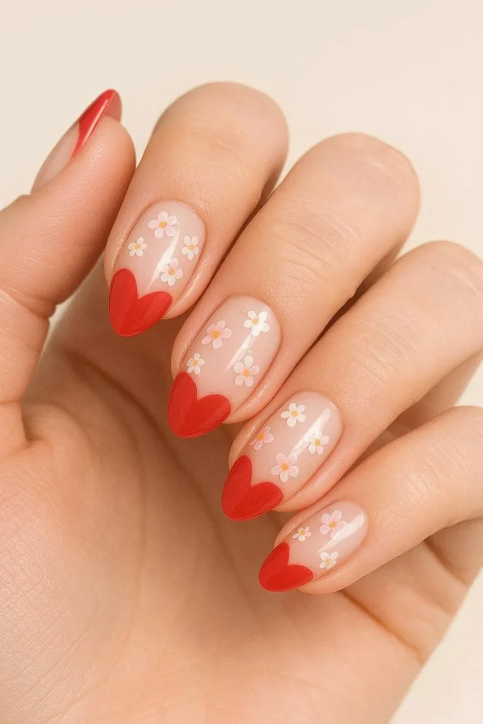 Heart-shaped French tips with romantic floral nail touches
