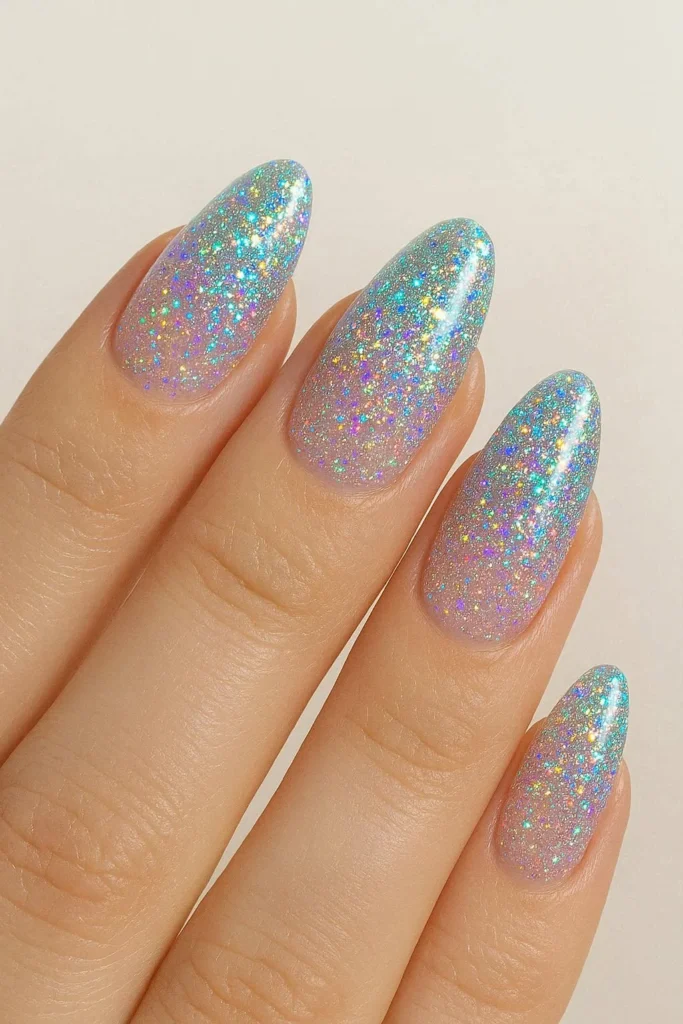 Holographic glitter ombre nails with multi-dimensional shimmer