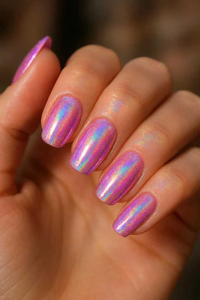 Holographic pink acrylic nails with prismatic rainbow shimmer finish
