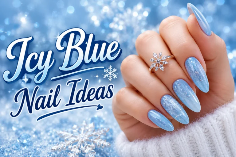 Elegant icy blue nails with snowflake nail art and sparkling crystal ring