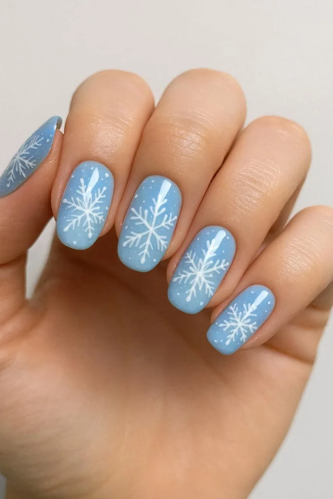 Icy blue snowflake nail designs with crisp white art