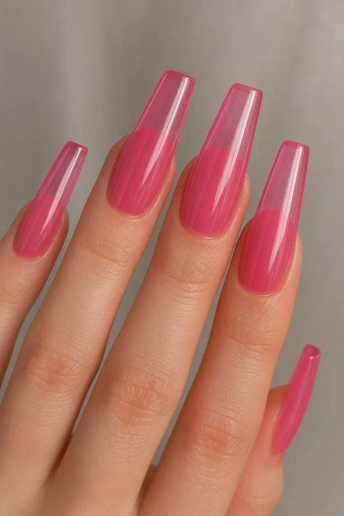  Jelly pink coffin acrylic nails with sheer glass-like finish