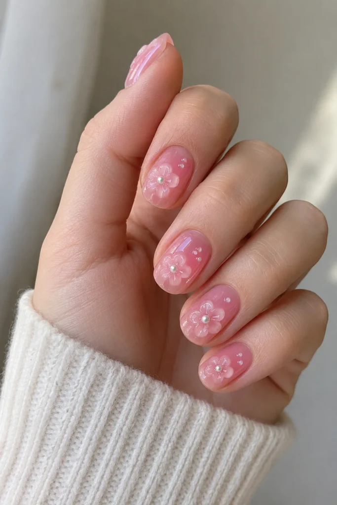 Jelly pink flower nails with sheer candy-like base and raised florals