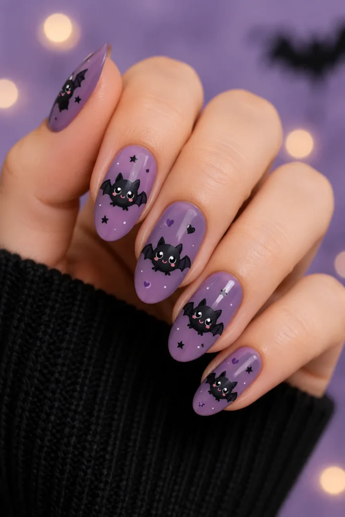 Kawaii bat nails with big eyes and rosy cheeks purple base