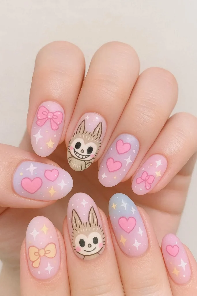 Kawaii Labubu nails with hearts bows stars pastel details 