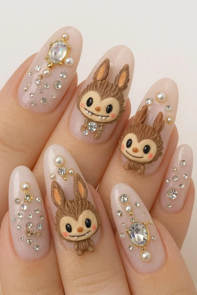  Labubu charm nails with 3D collectible toy embellishments 