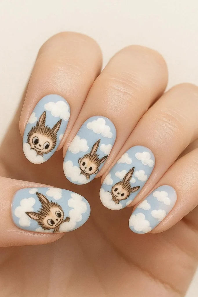 Labubu and cloud nails with dreamy storybook artwork design 